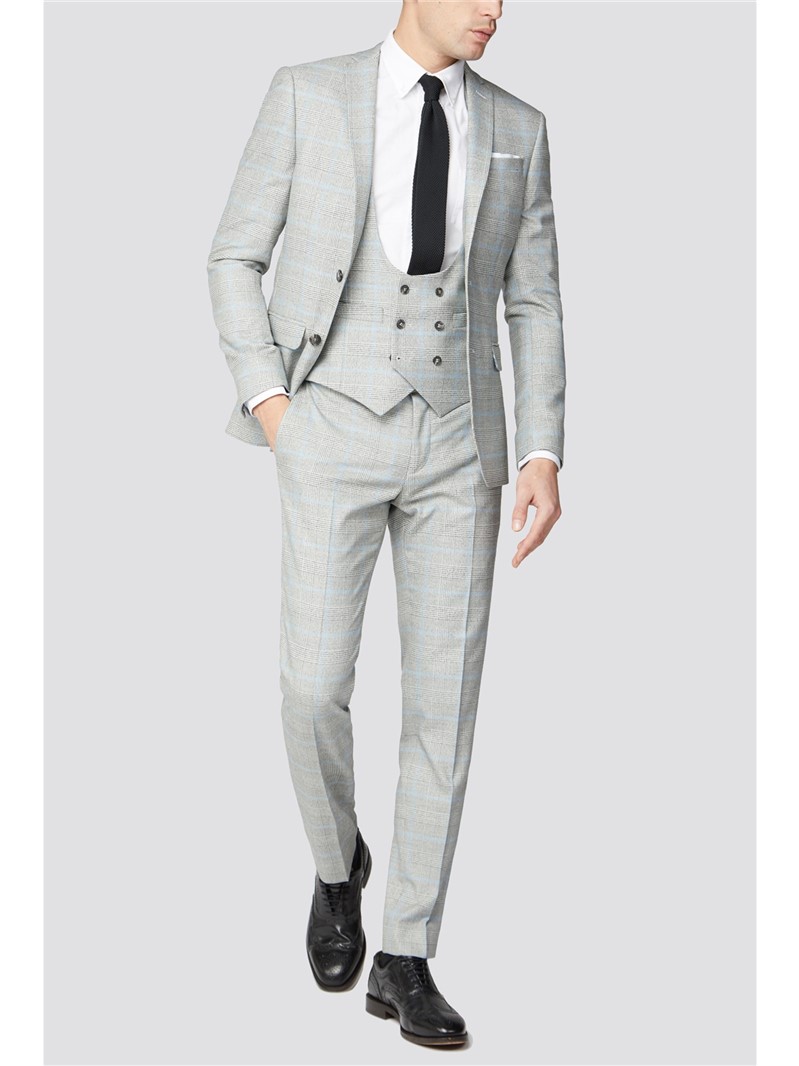  Skinny Fit Grey Blue Check Suit