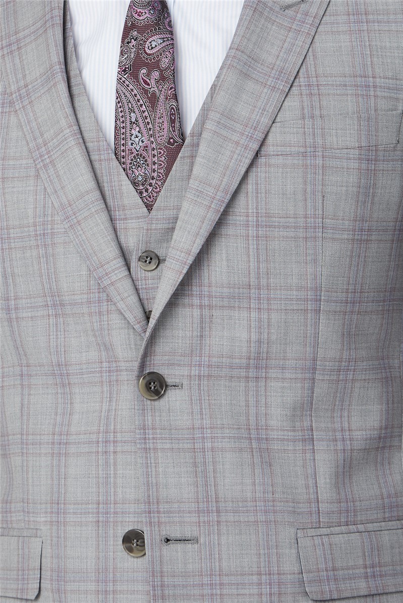  Light Grey & Pink Checked Tailored Fit Suit Jacket