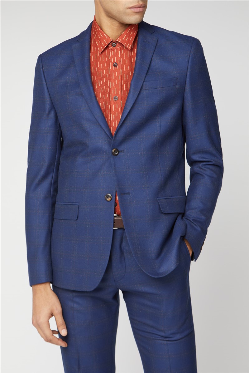  Slim Fit Blue Orange Check Suit Jacket