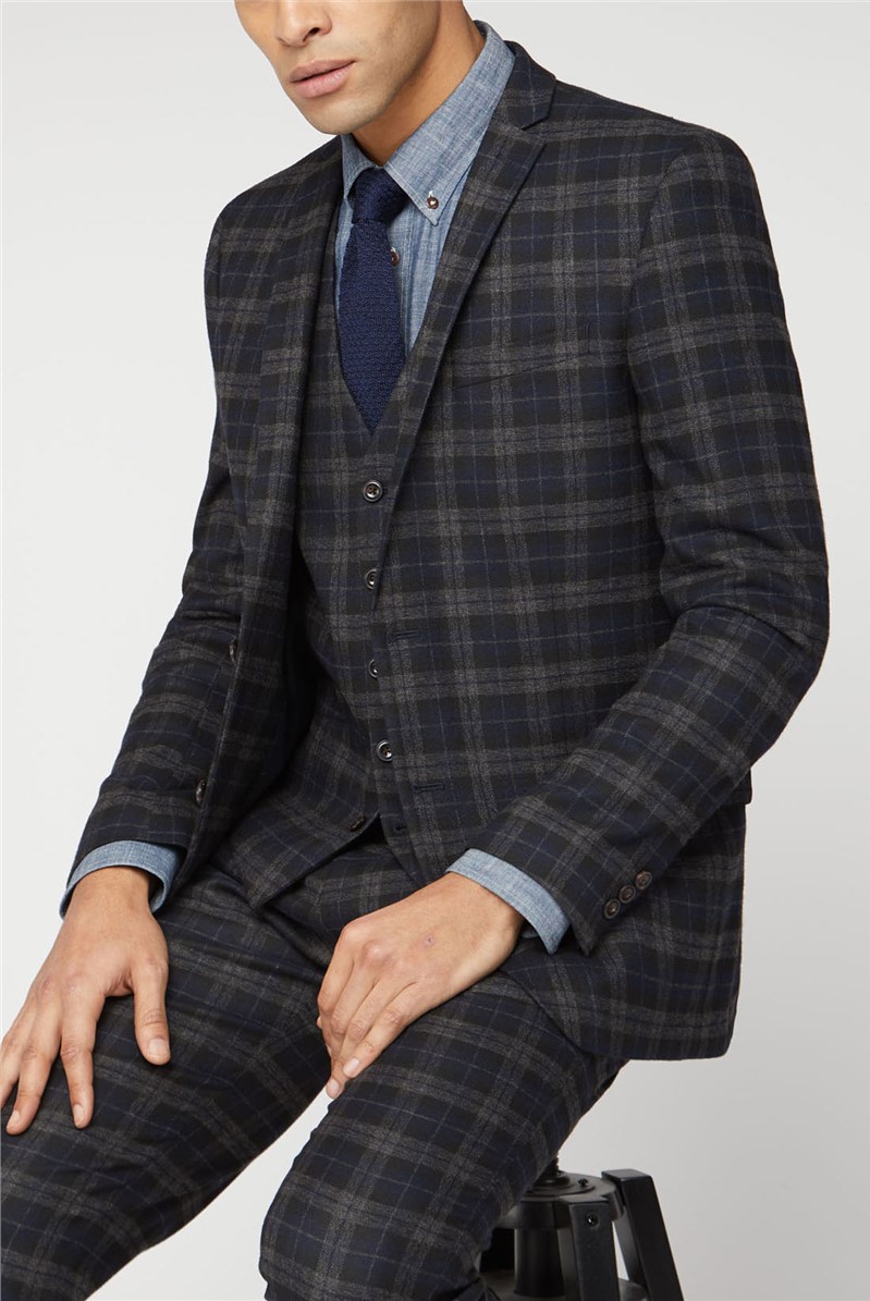  Slim Fit Blue & Black Brushed Check Suit Jacket