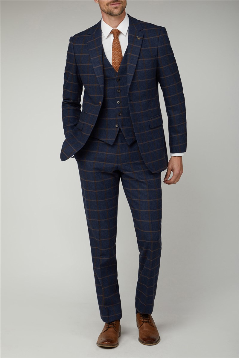  Regular Fit Navy & Tan Check Tweed Suit Jacket