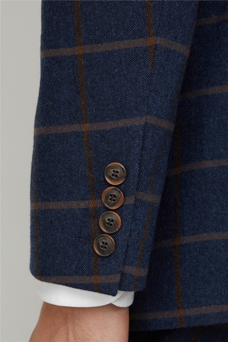  Regular Fit Navy & Tan Check Tweed Suit Jacket