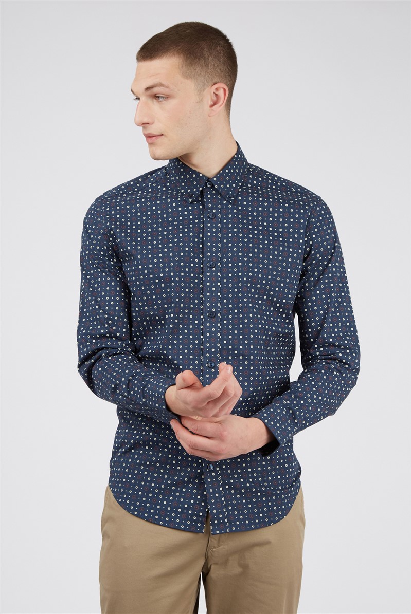  Dark Blue Retro Spot Print Shirt