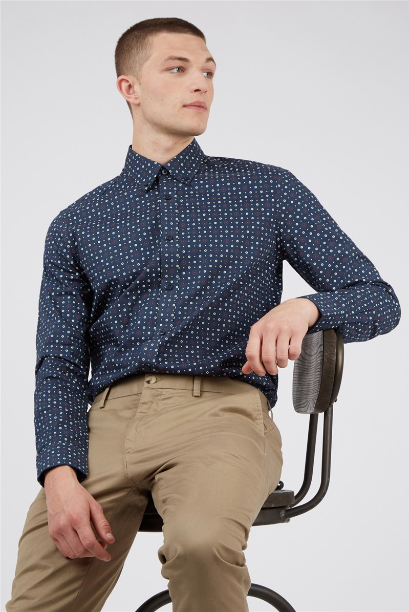  Dark Blue Retro Spot Print Shirt