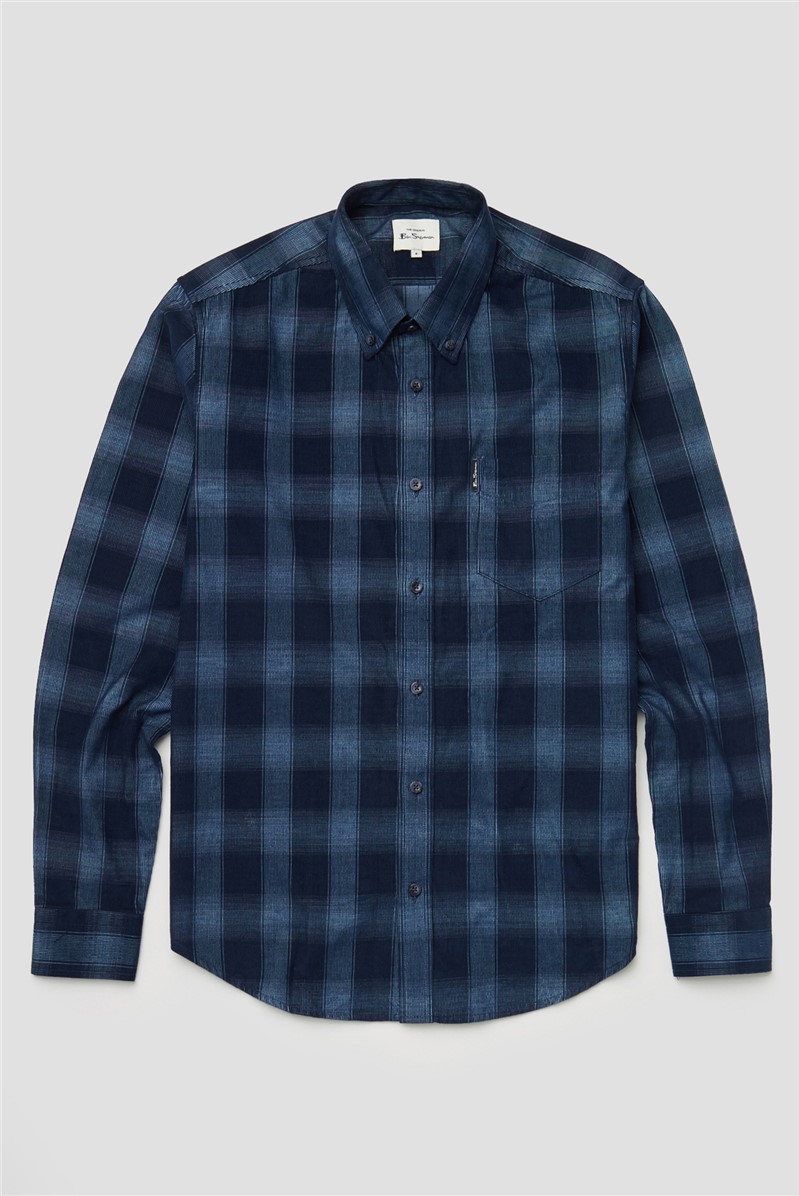  Dark Blue Printed Corduroy Ombre Checked Shirt