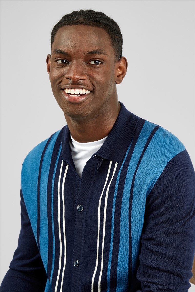  Marine Blue Long Sleeve Button Through Polo Shirt