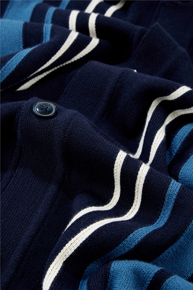  Marine Blue Long Sleeve Button Through Polo Shirt