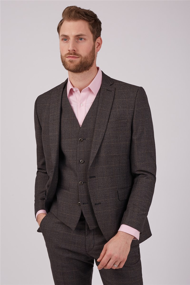  Slim Fit Grey Broken Check Three Piece Suit