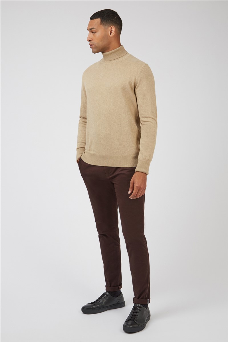  Sand Cotton Signature Knitted Roll Neck Jumper