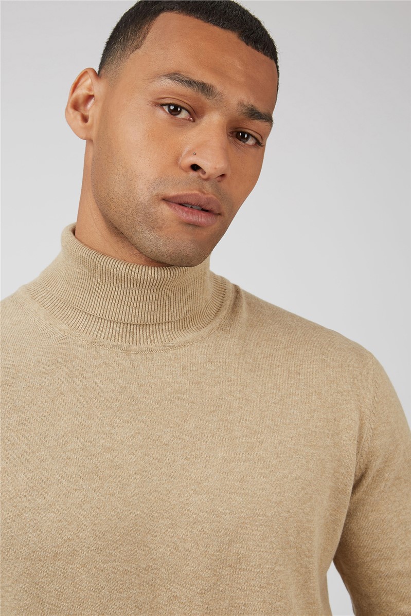  Sand Cotton Signature Knitted Roll Neck Jumper