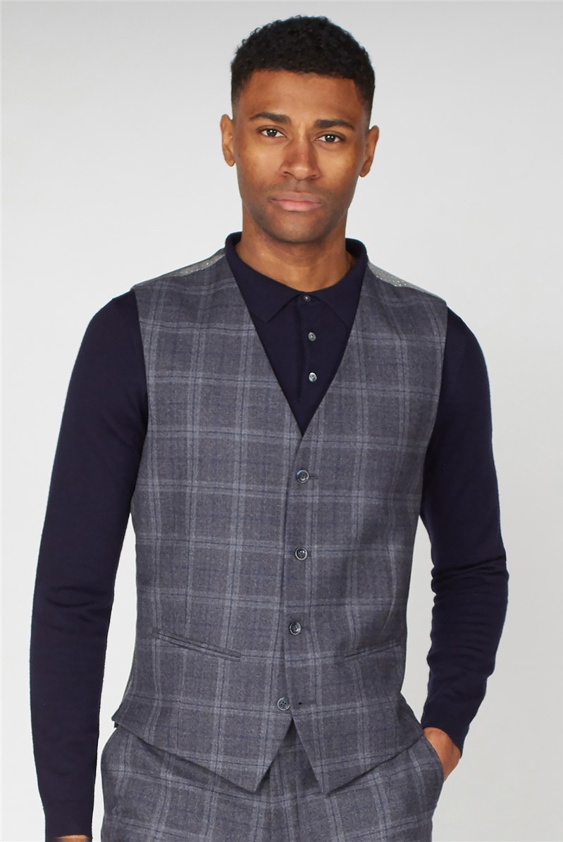  Slim Fit Grey Checked Three Piece Suit