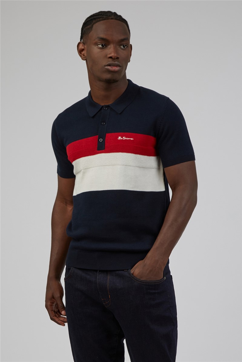  Navy Short Sleeved Knitted Chest Stripe Polo Shirt