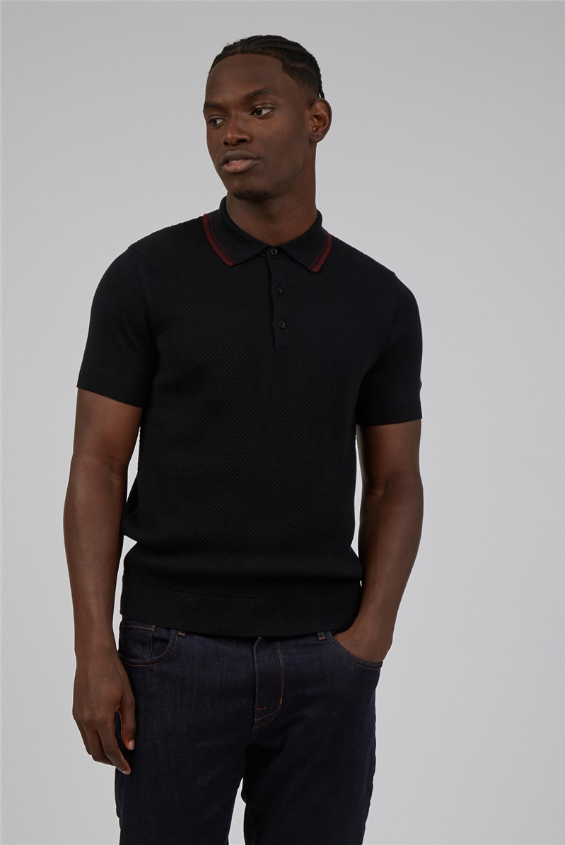  Black Short Sleeve Knitted Textured Polo Shirt