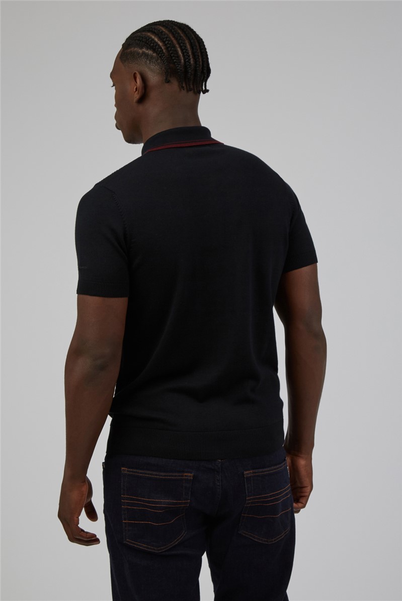  Black Short Sleeve Knitted Textured Polo Shirt