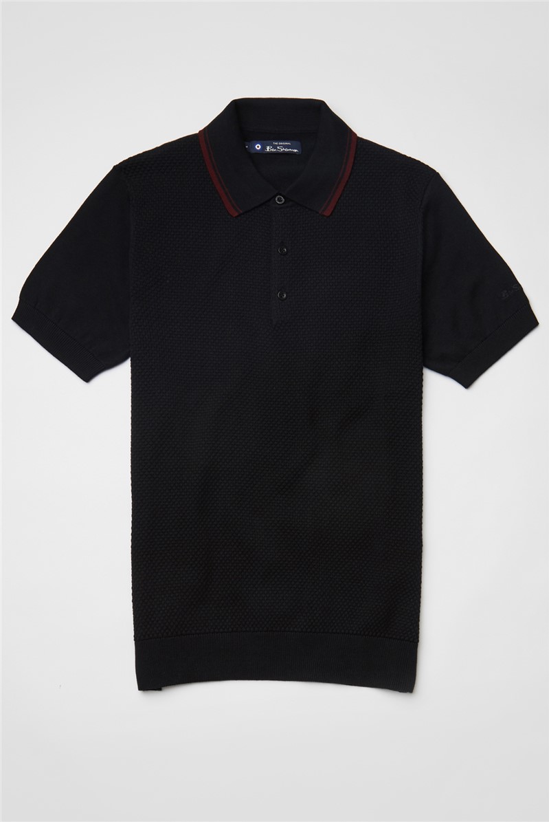  Black Short Sleeve Knitted Textured Polo Shirt