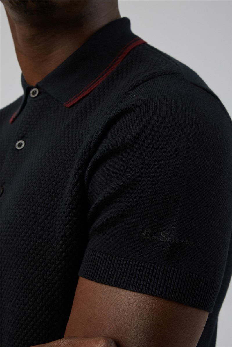  Black Short Sleeve Knitted Textured Polo Shirt