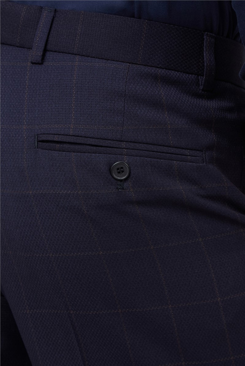  Tailored Fit Navy Rust Windowpane Check Trousers