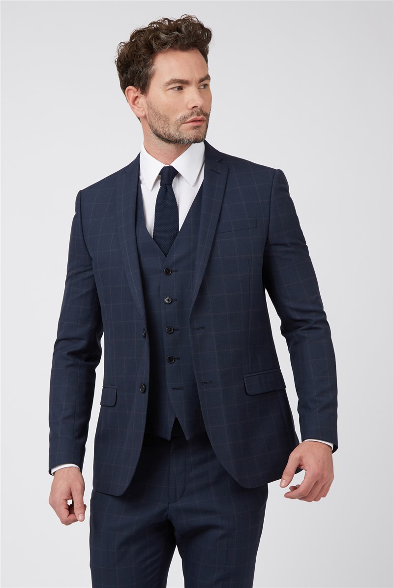  Slim Fit Navy & Orange Windowpane Checked Jacket