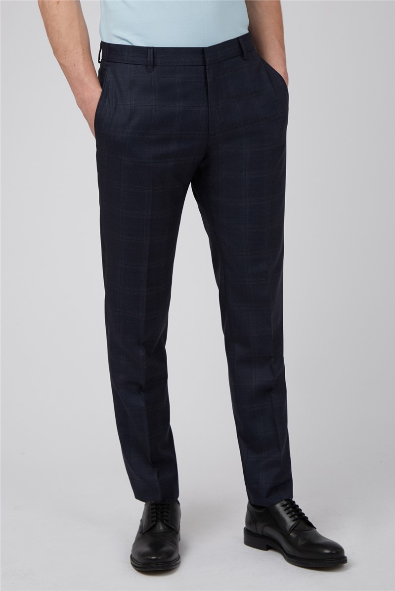  Slim Fit Navy & Caramel Check Trousers