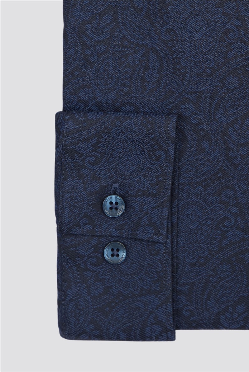  Regular Fit Navy Paisley Jacquard Shirt