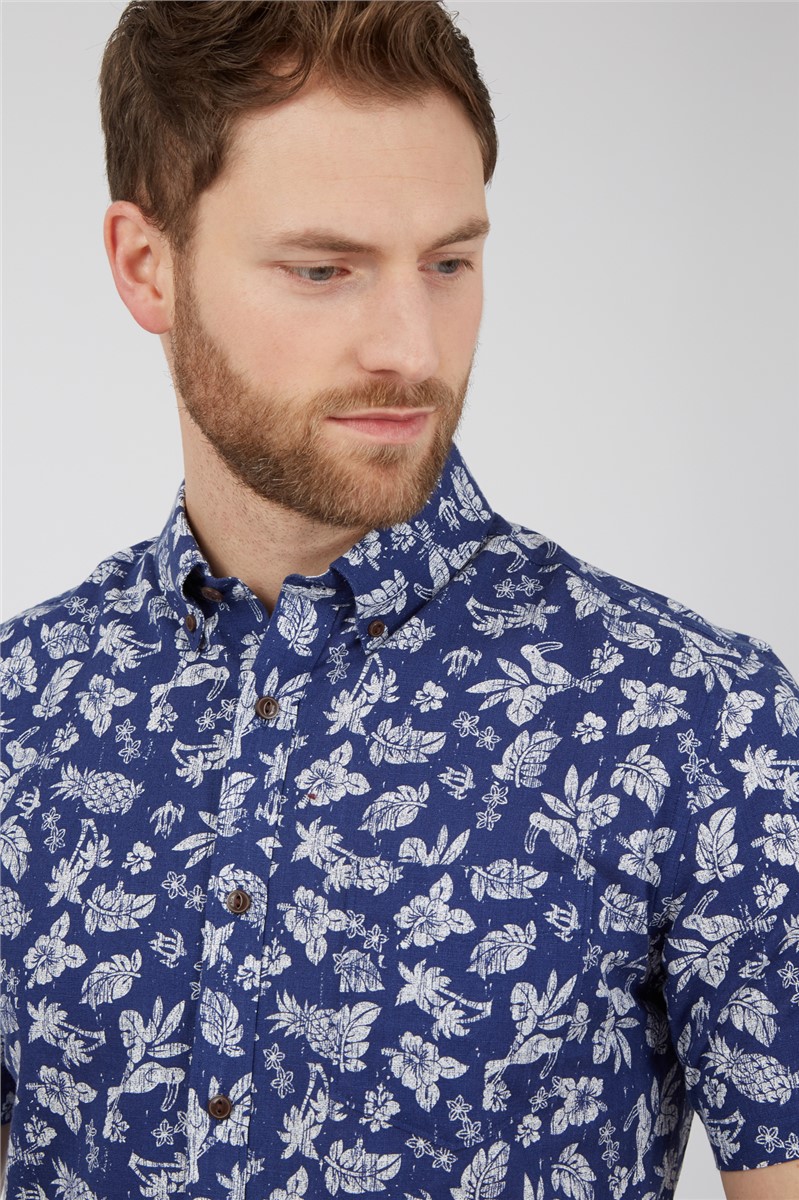  Short Sleeved Hand Stamp Tropical Print Shirt