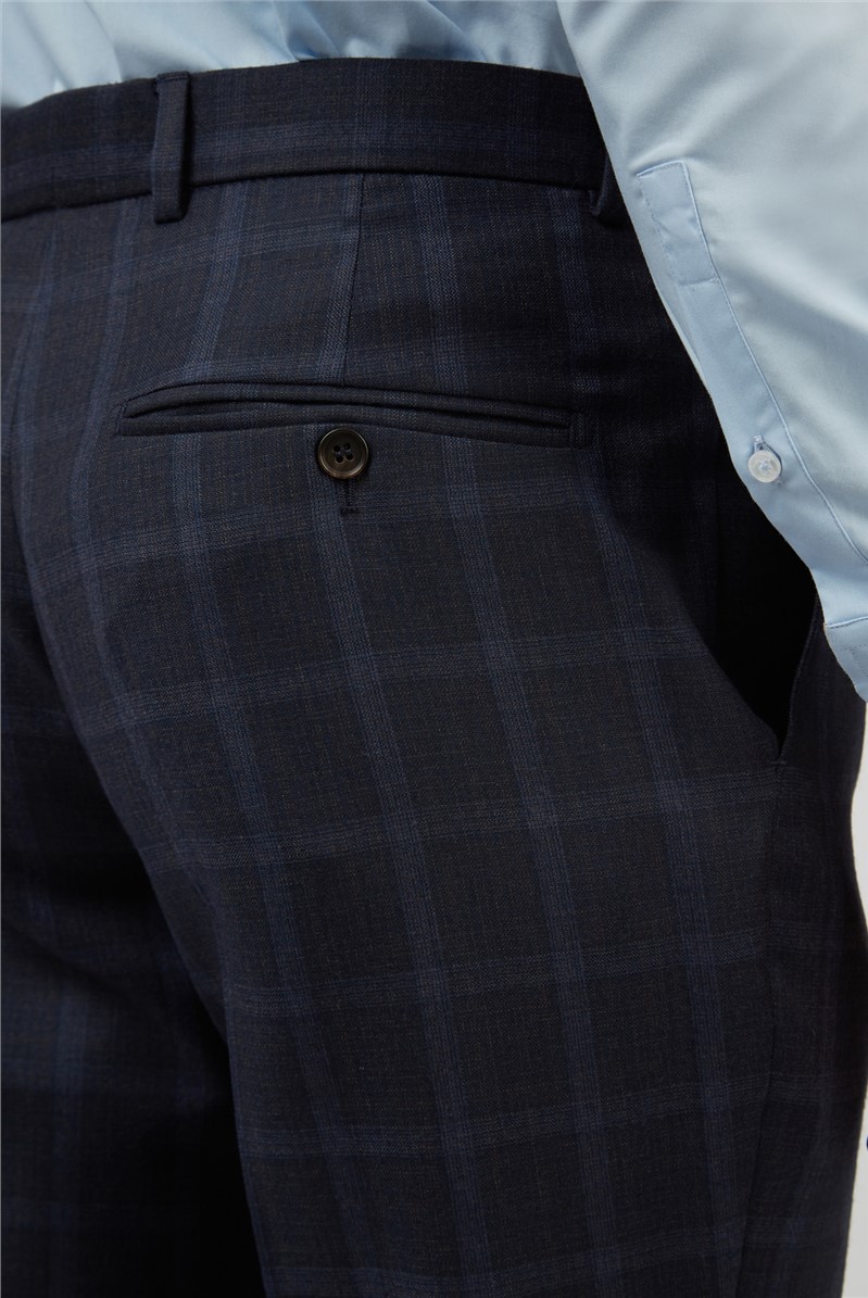 Racing Green Tailored Fit Navy Caramel Check Wool Blend Trousers