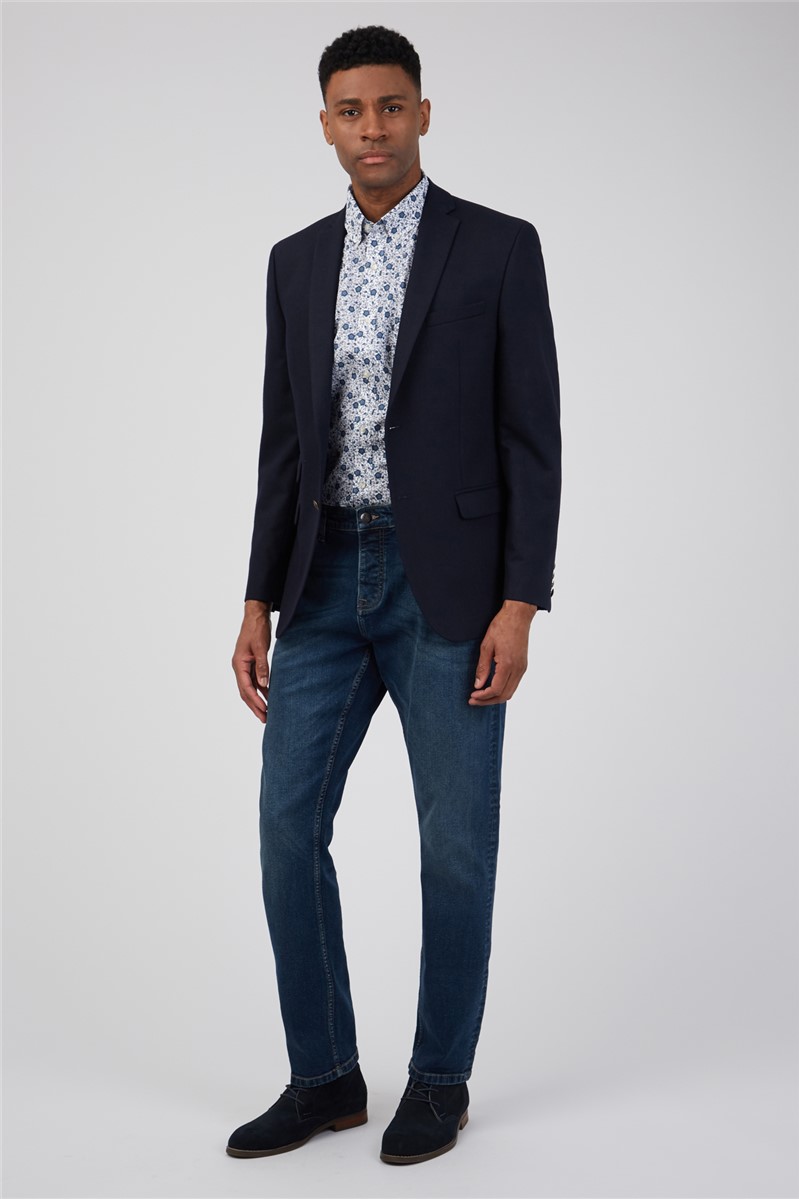 navy blue suit floral shirt