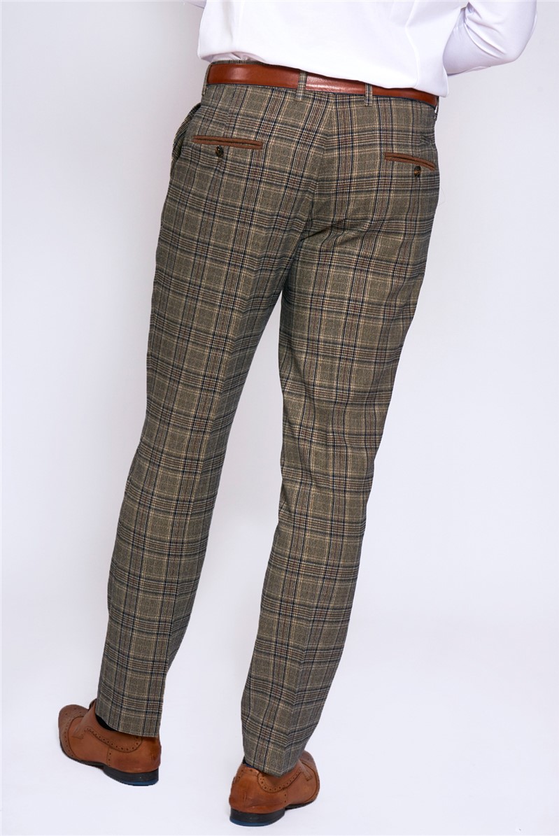  Slim Fit Enzo Tan Check Three Piece Suit