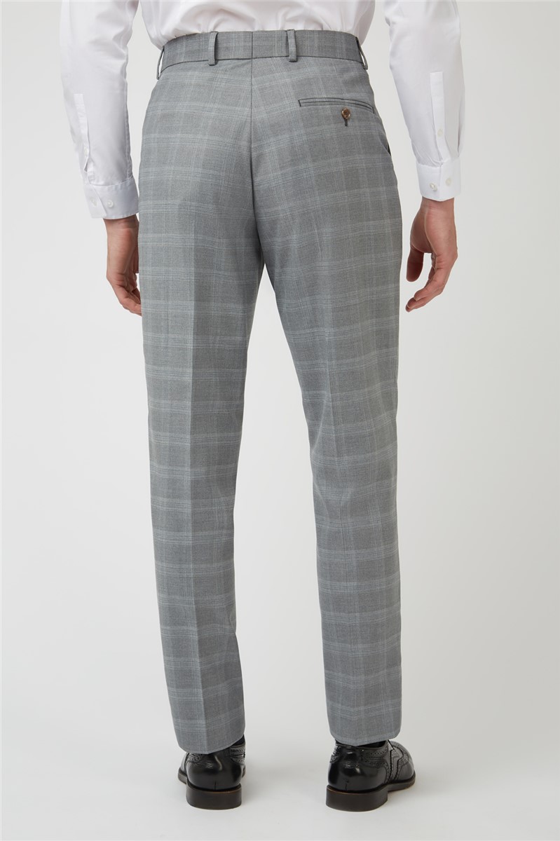  Regular Fit Grey Suit Trousers with Blue Overcheck