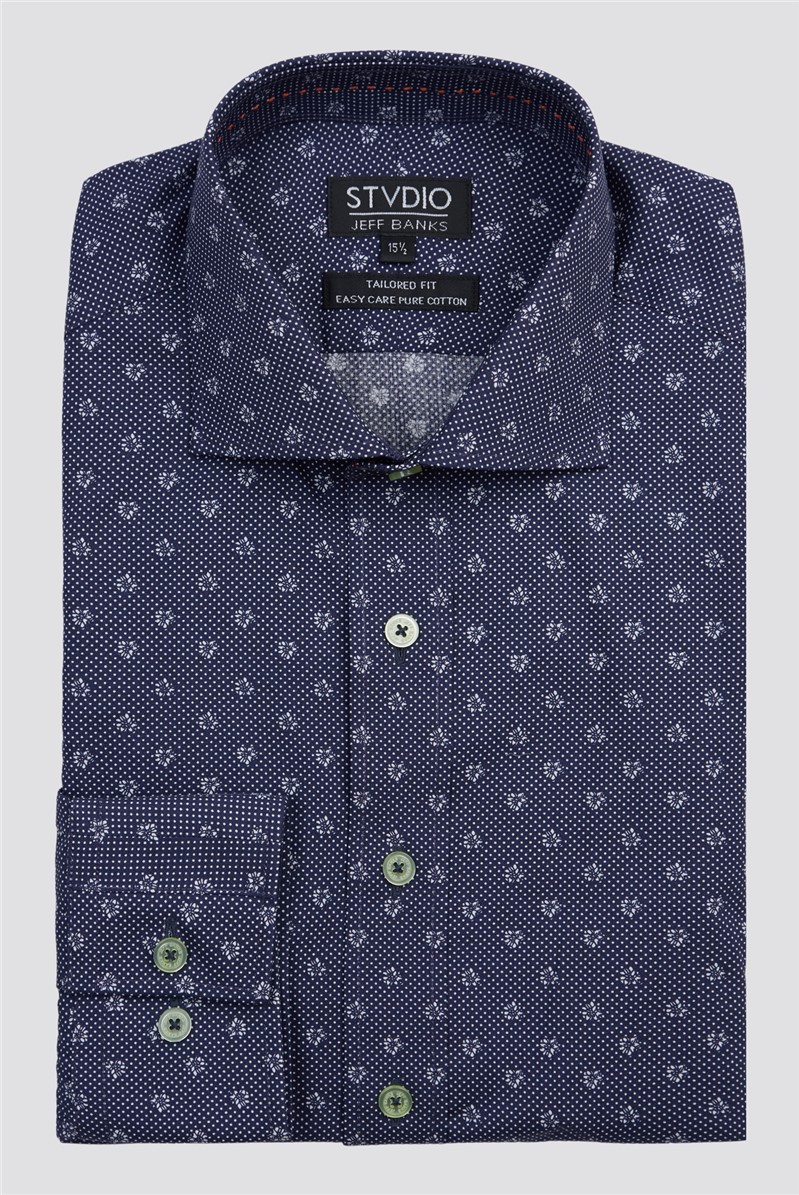 Studio By  Classic Fit Navy and White Spotted Flower Print Shirt