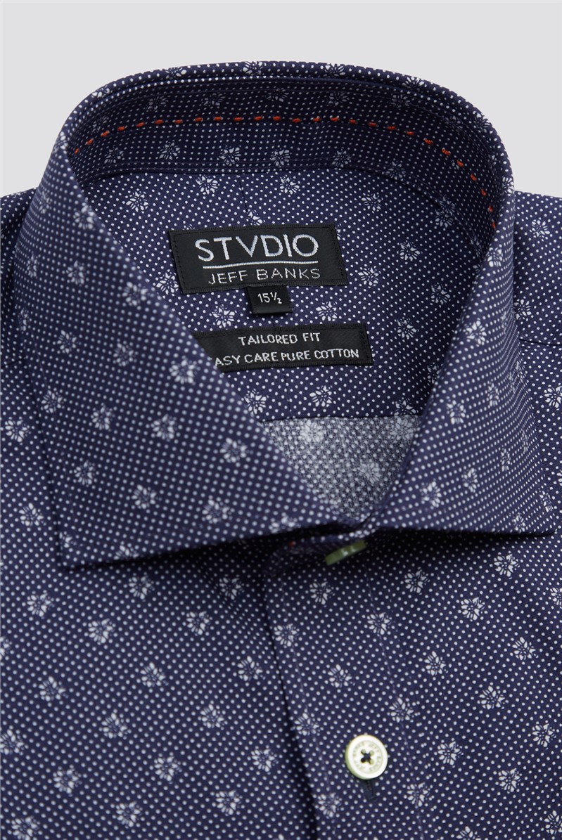 Studio By  Classic Fit Navy and White Spotted Flower Print Shirt