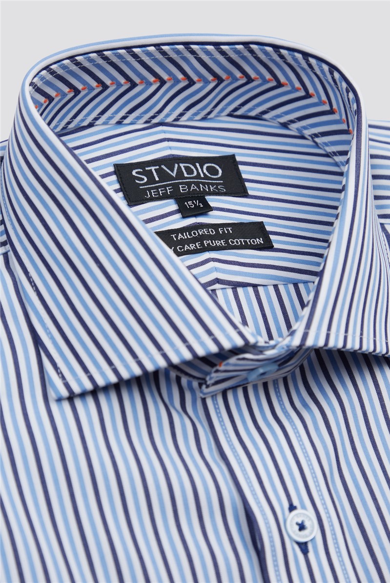 Studio Tailored Fit Navy & White Striped Shirt