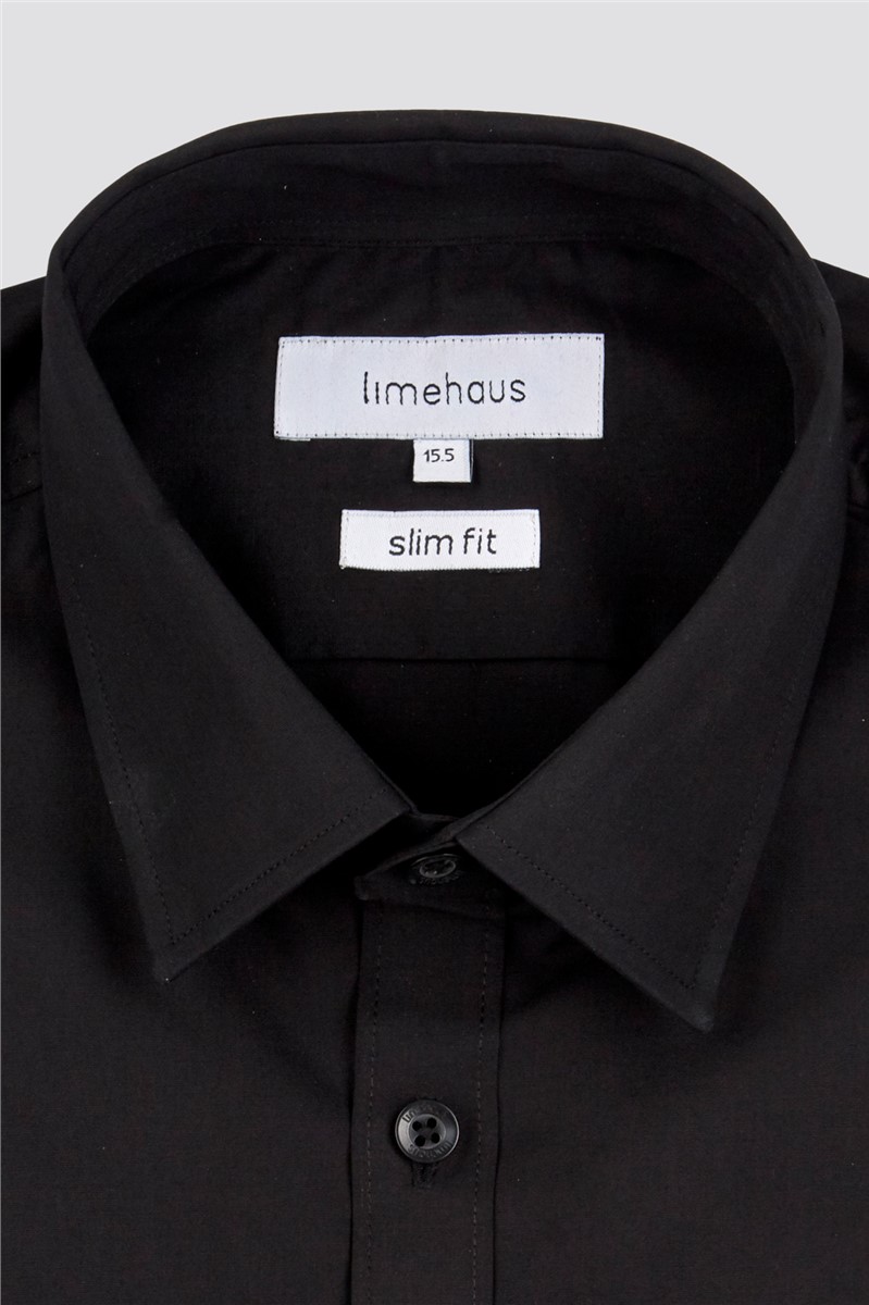  Slim Fit Single Cuff Black Poplin Shirt