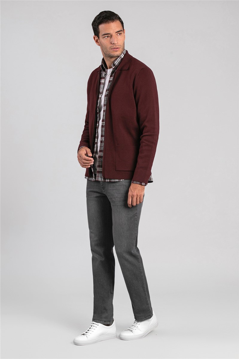  Tailored Fit Burgundy Zip Front Cardigan