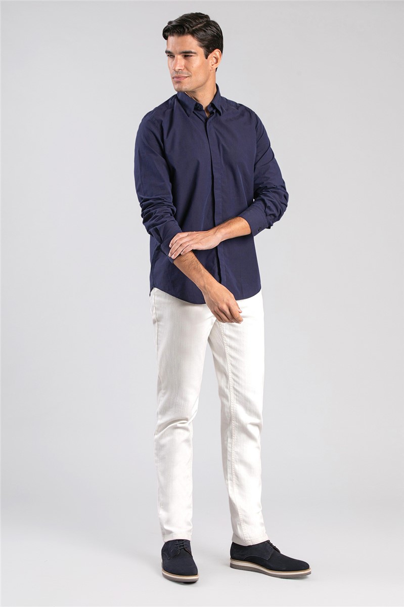  Navy Poplin Long Sleeved Shirt