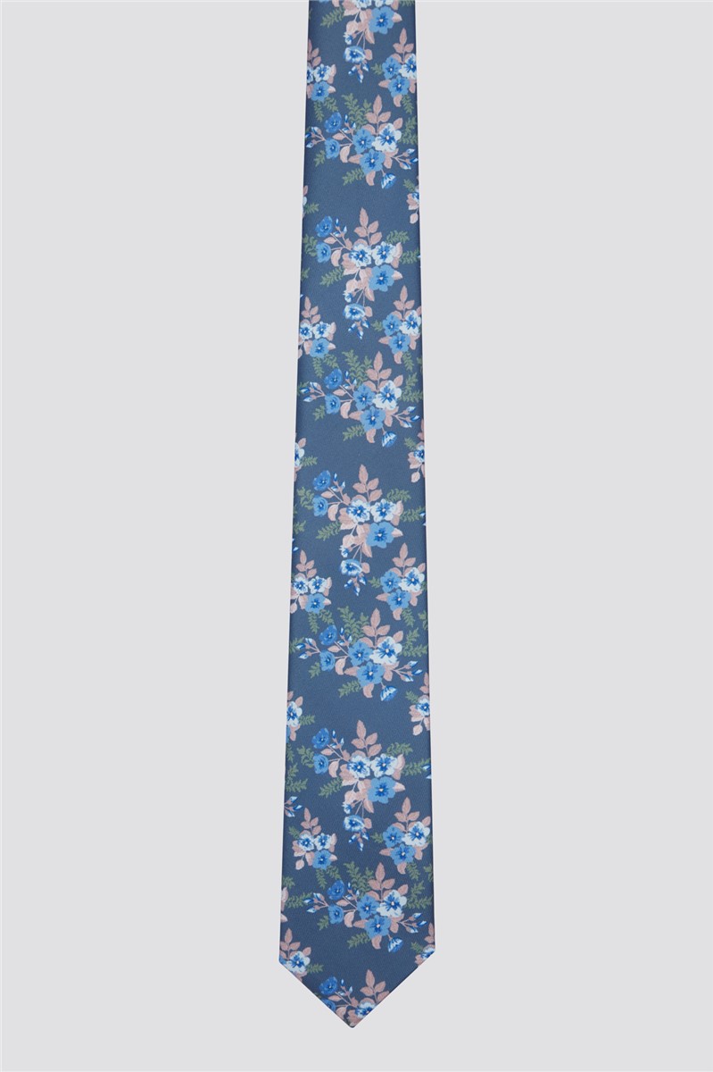  Slim Blue Flower Tie & Handkerchief Set