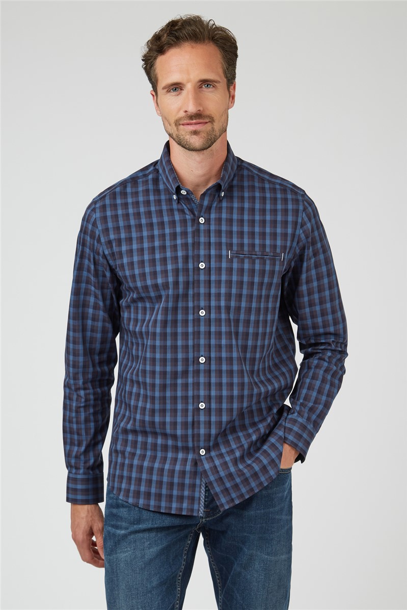 Jeff Banks Long Sleeve Blue Mid Scale Check Shirt