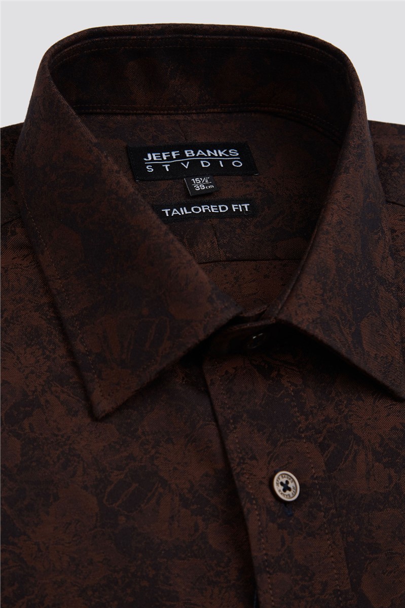 Jeff Banks Stvdio Brown Long Sleeve Floral Jacquard Shirt