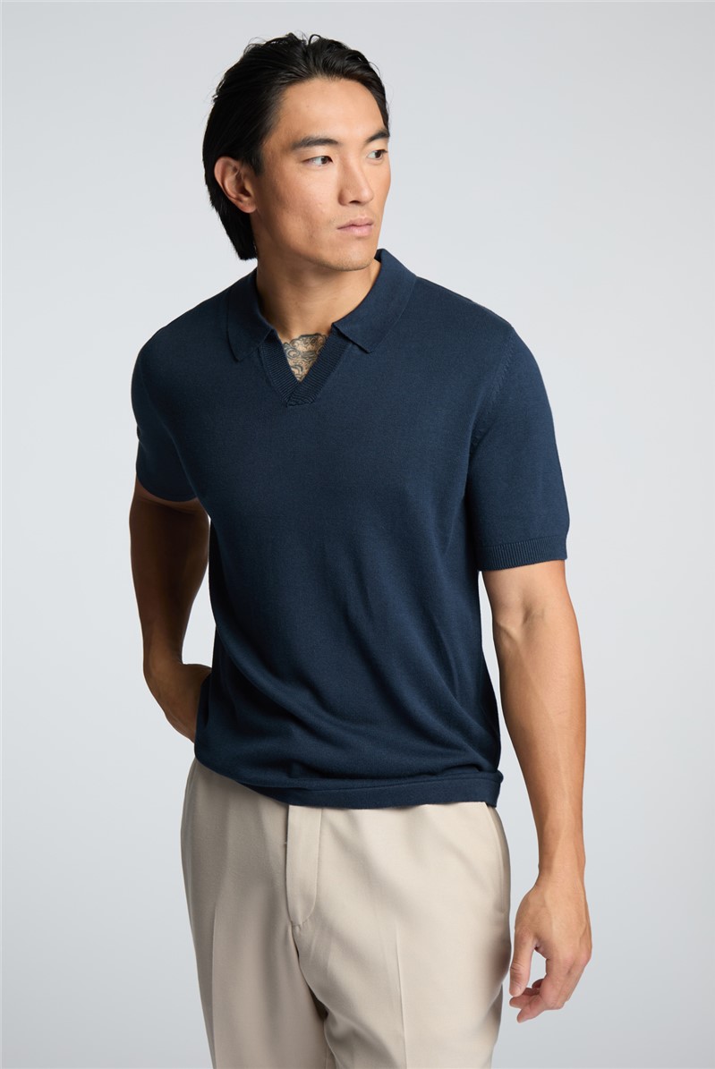  Navy Open Neck Knitted Polo