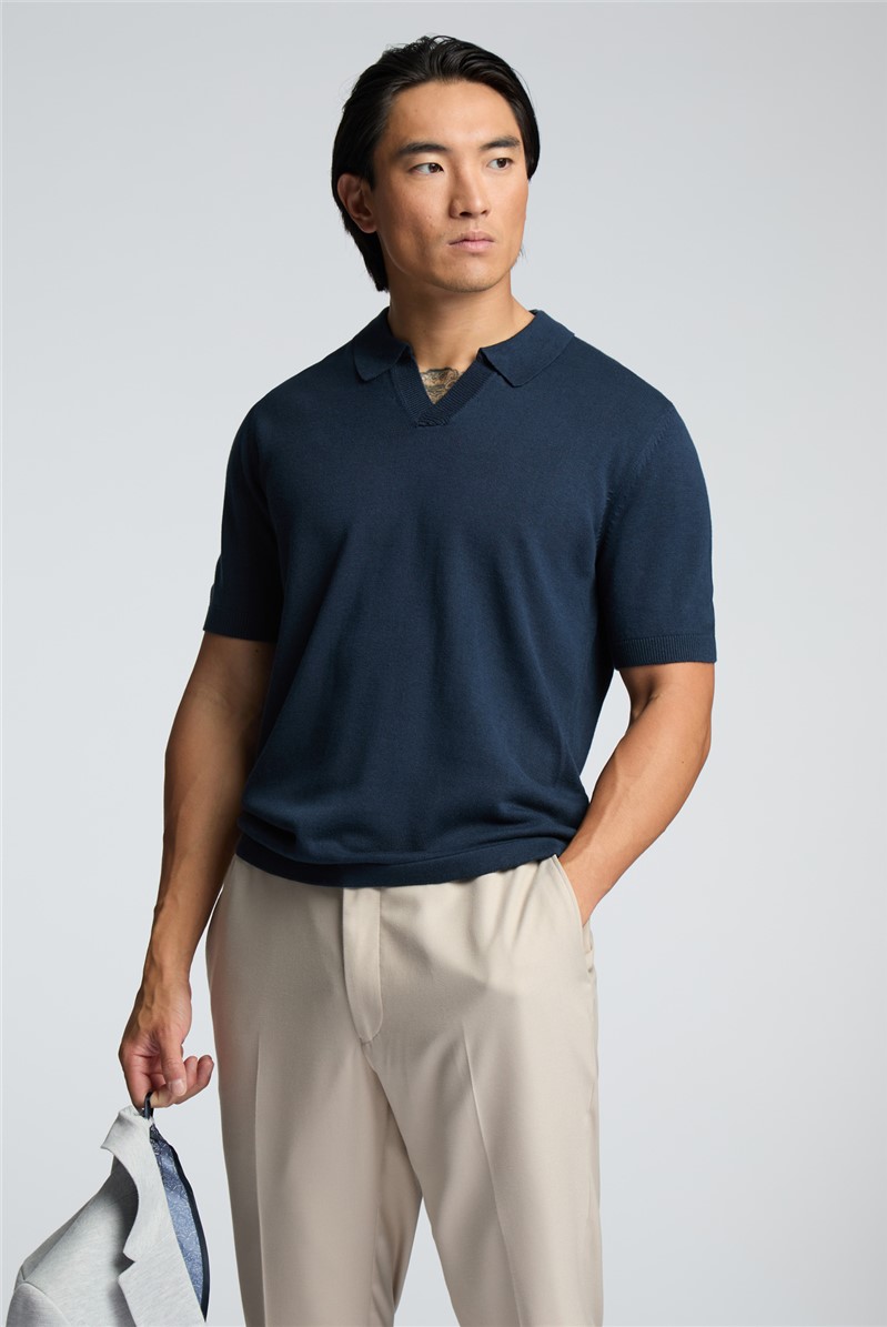  Navy Open Neck Knitted Polo