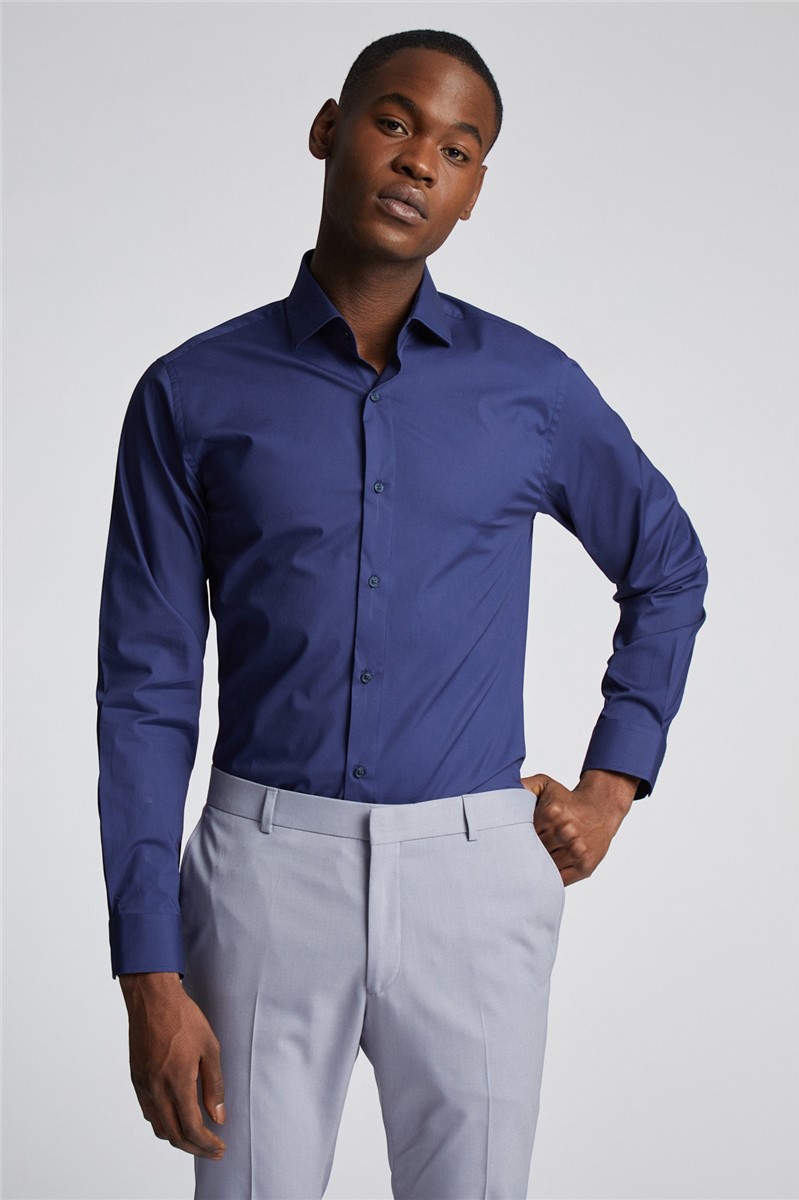  Slim Fit Navy Stretch Poplin Single Cuff Cutaway Collar Shirt