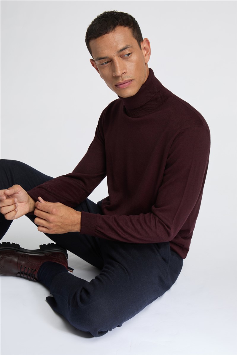  Merino Knit Roll Neck Jumper - Burgundy