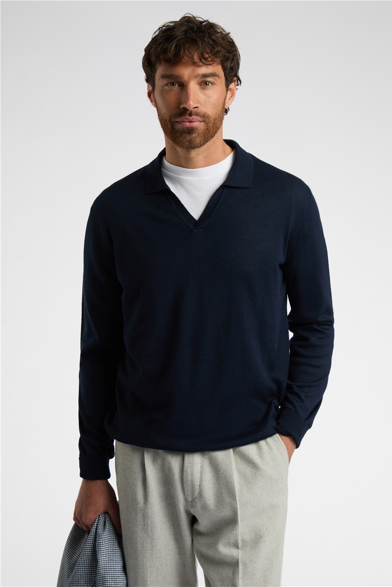  Open Neck Long Sleeve Knit Polo