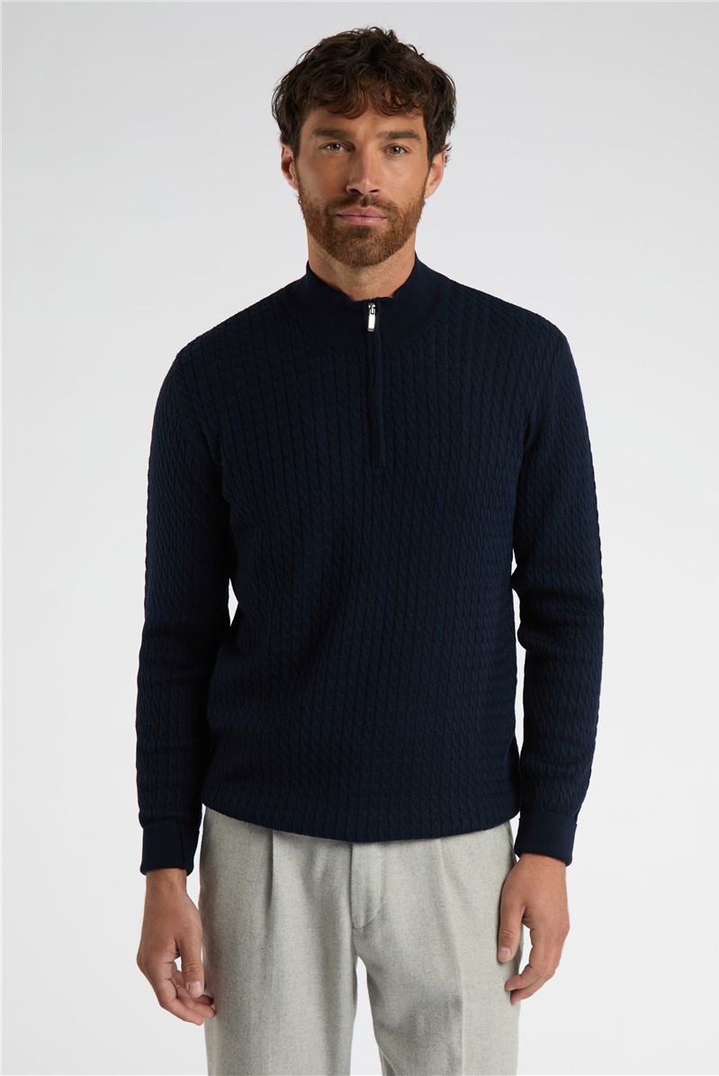  Navy Zip Neck Cable Knit Jumper