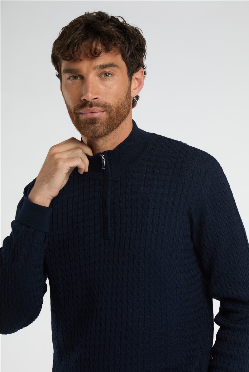  Navy Zip Neck Cable Knit Jumper