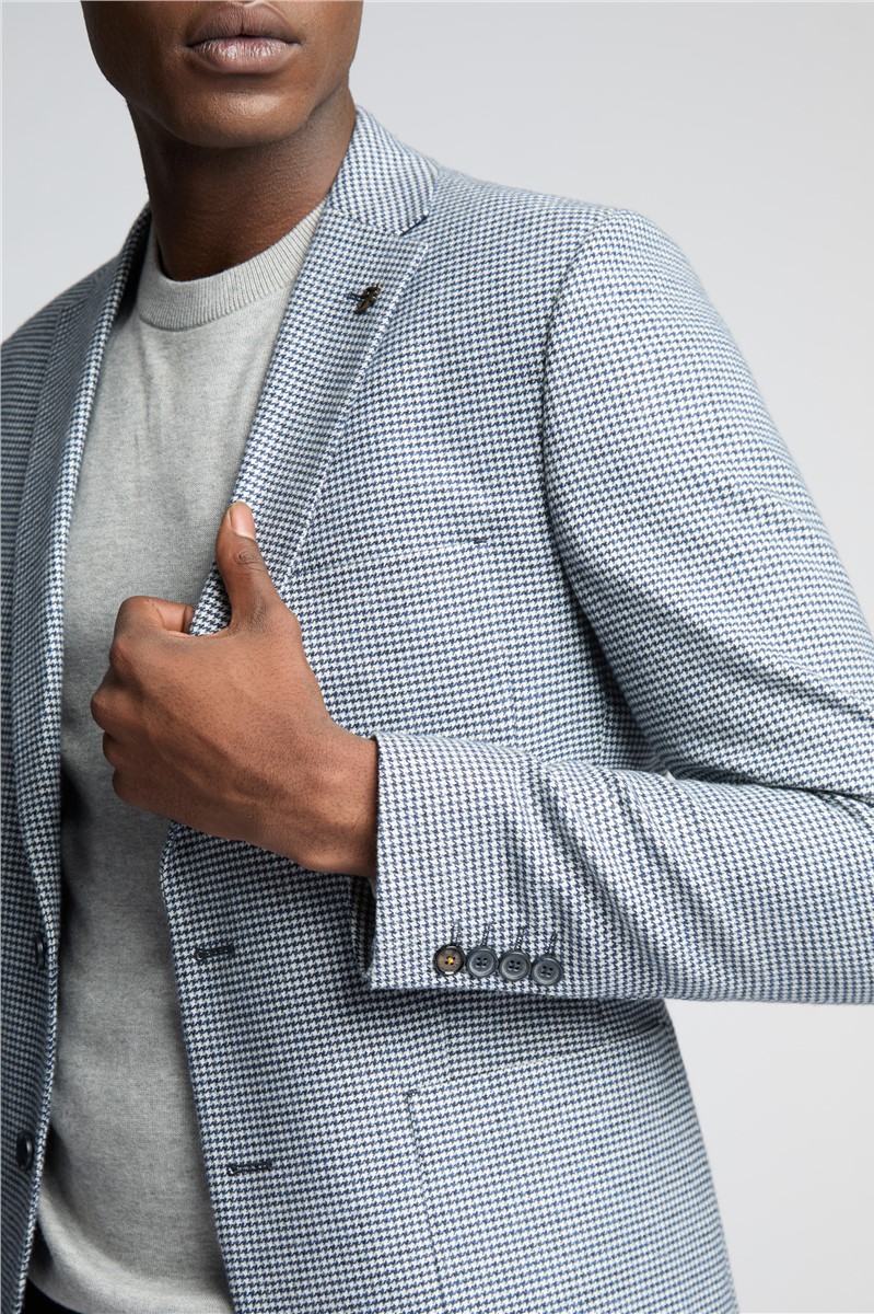  Slim Fit Blue and White Houndstooth Blazer