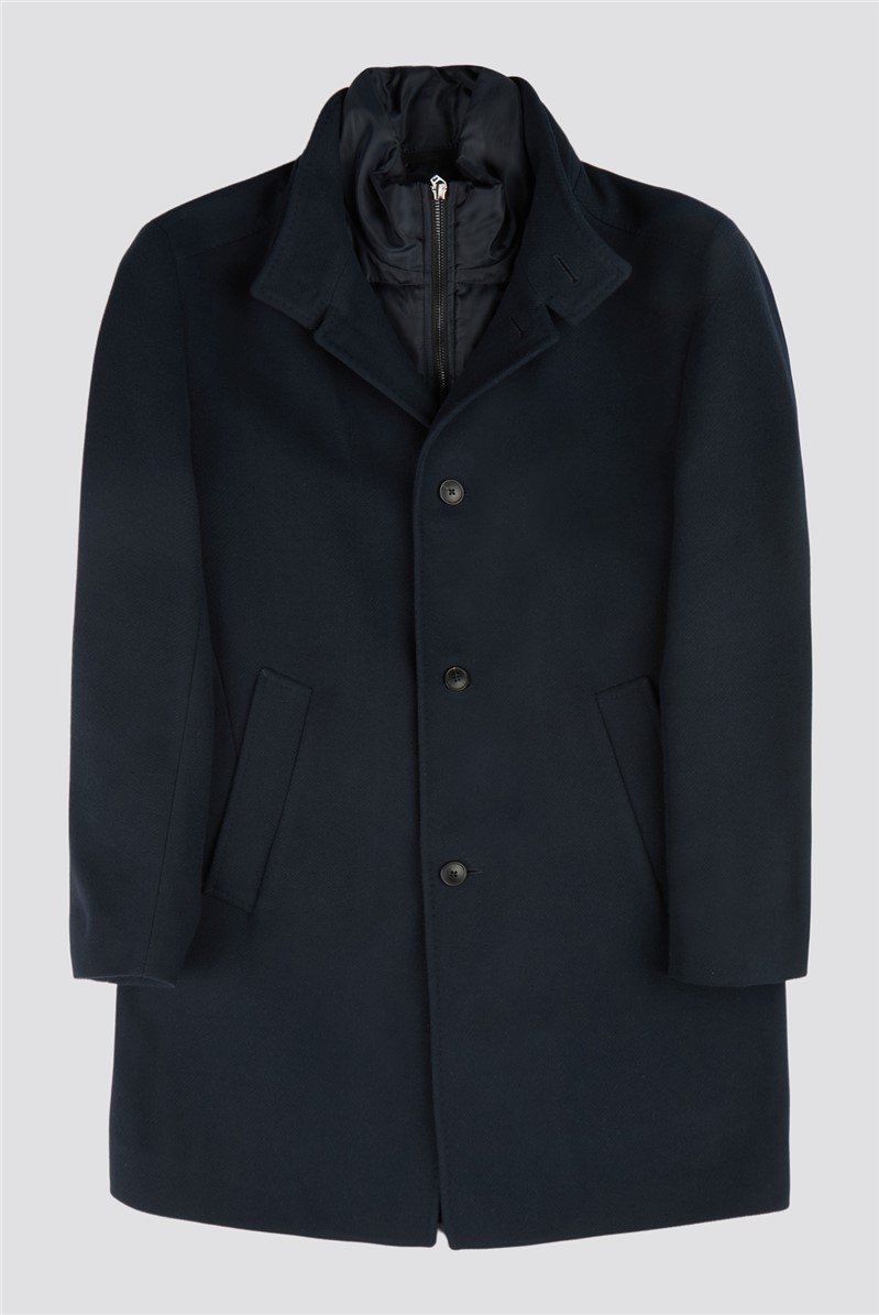  Slim Fit Navy Funnel Neck Overcoat With Padded Insert