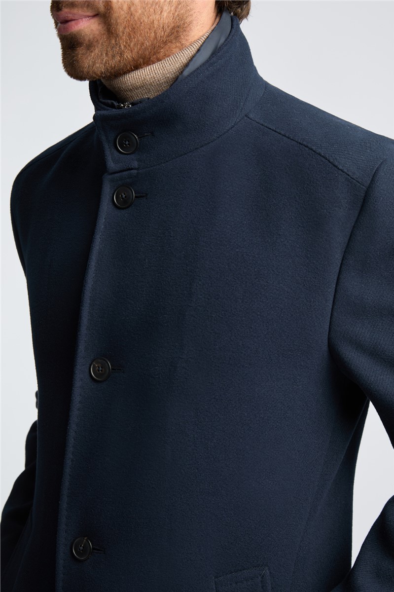  Slim Fit Navy Funnel Neck Overcoat With Padded Insert