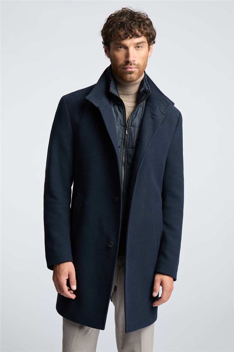  Slim Fit Navy Funnel Neck Overcoat With Padded Insert