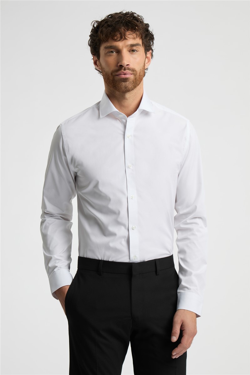  Slim Fit White Cotton Single Cuff Cutaway Collar Shirt